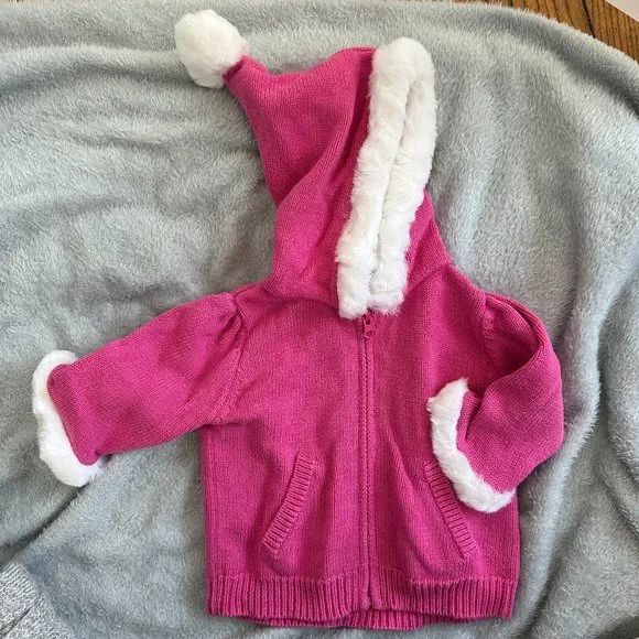 Like NEW Baby GAP Bright Pink Fur Trim Full Zip Sweater Sz 3-6 mon - Picture 1 of 6